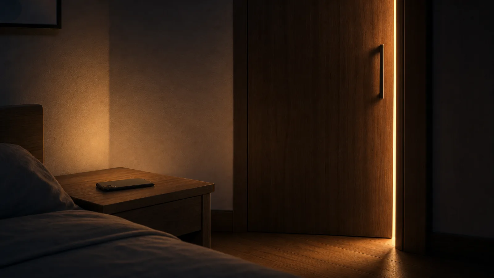 Closed wardrobe door with a soft strip of light and a phone face-down on a bedside table
