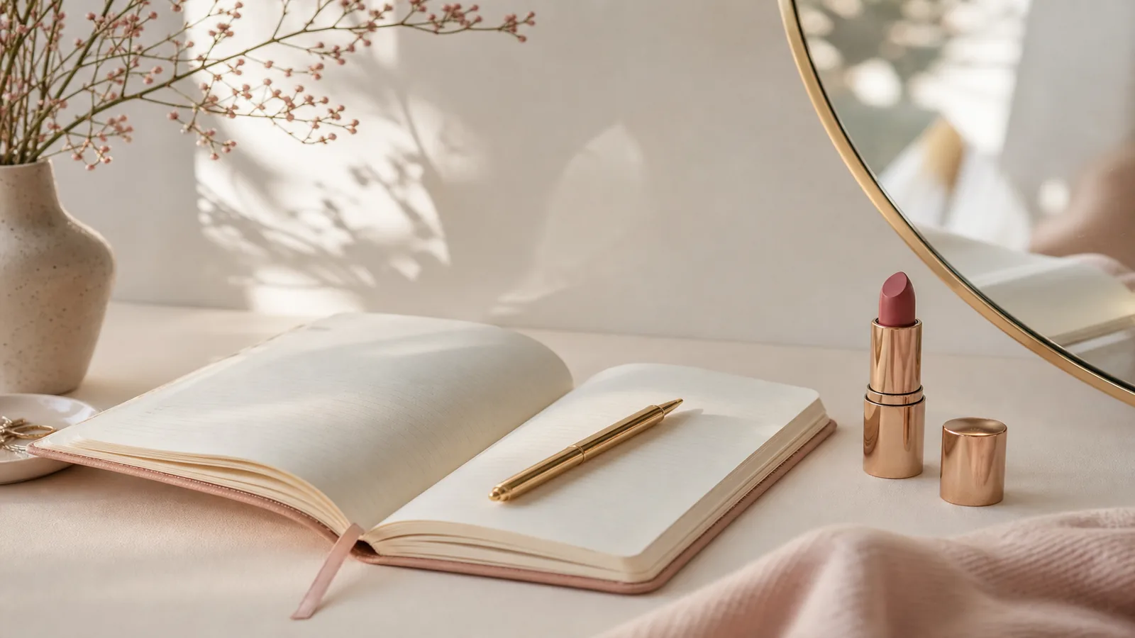Notebook and lipstick on a soft lit desk beside a mirror edge with calm pastel tones