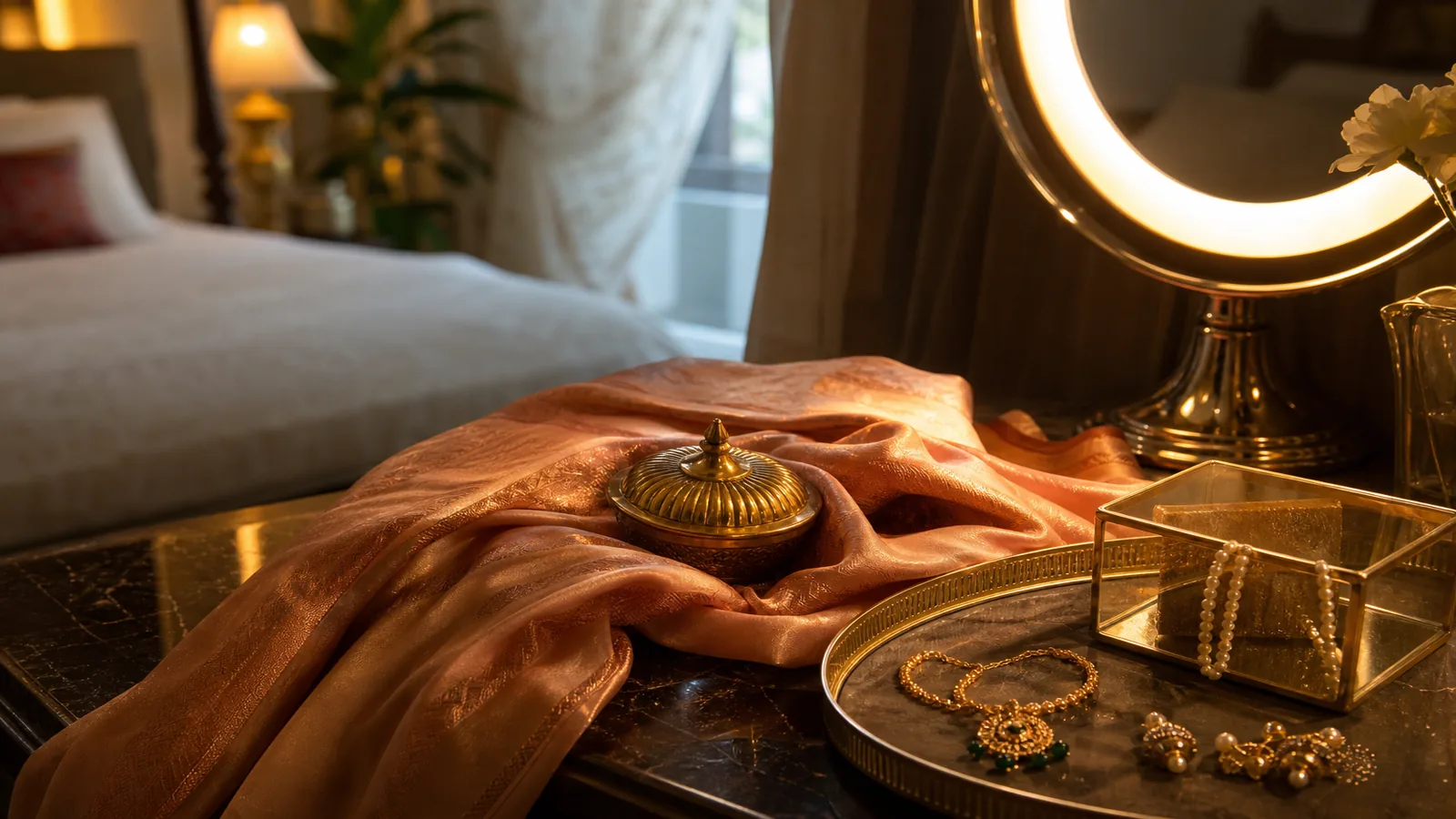 Soft fabric and jewellery on a vanity table with warm mirror light in a private room