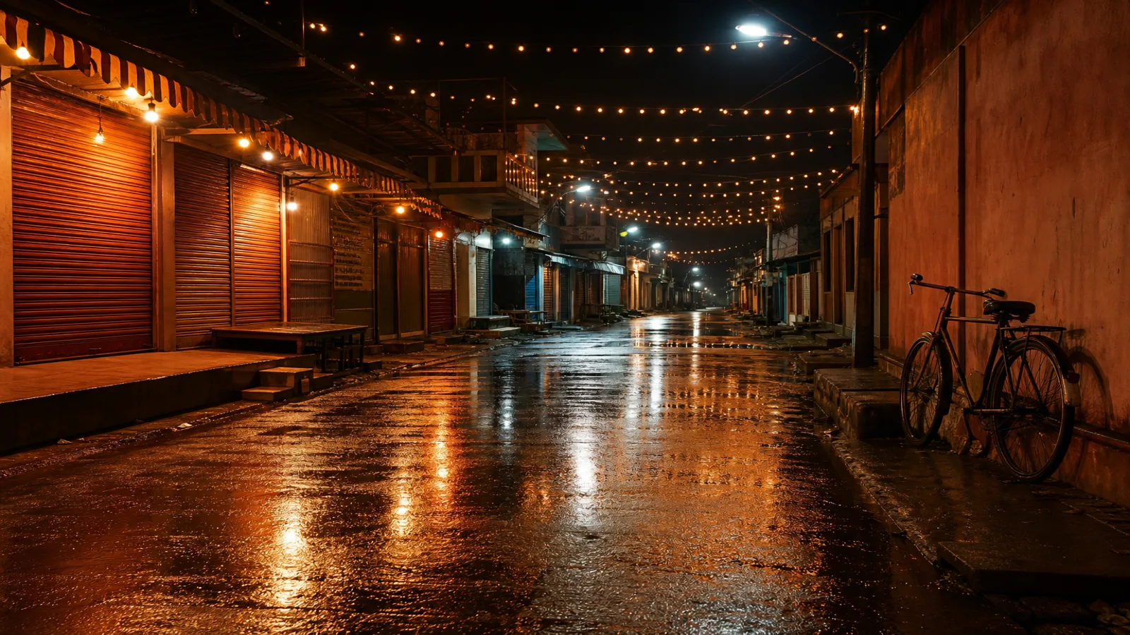 Quiet smaller Indian city street at night with wet pavement and warm shop lights