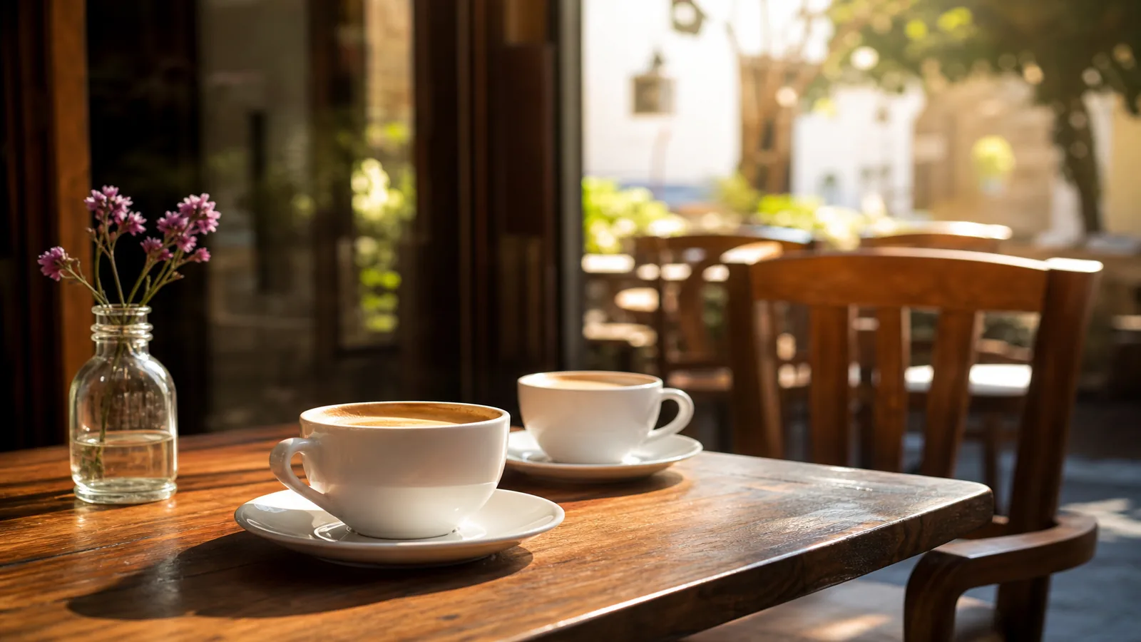 Two coffee cups on a sunny café table with soft bokeh and warm Indian afternoon light