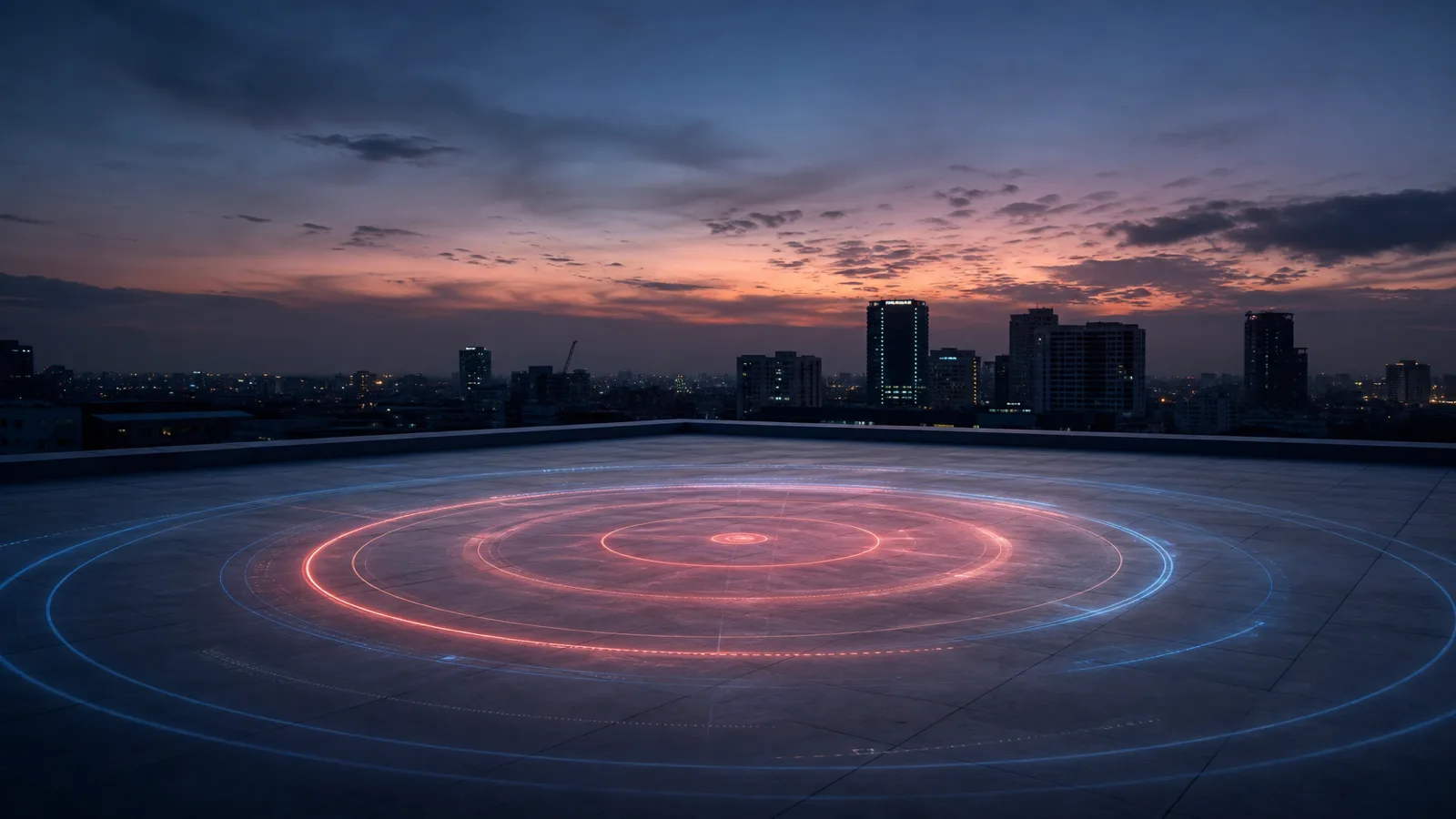 Soft glowing map pulse rings over an empty rooftop with an Indian city skyline at dusk