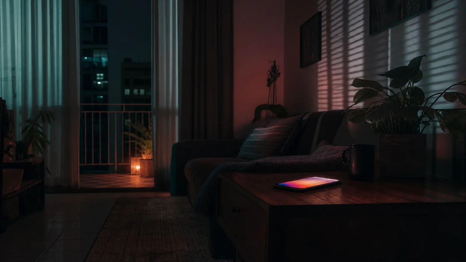 Soft phone glow on a nightstand in a calm private room with striped window light