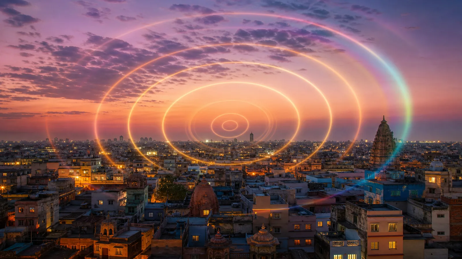 Soft glowing map pulse rings over an Indian city skyline at twilight with warm window lights
