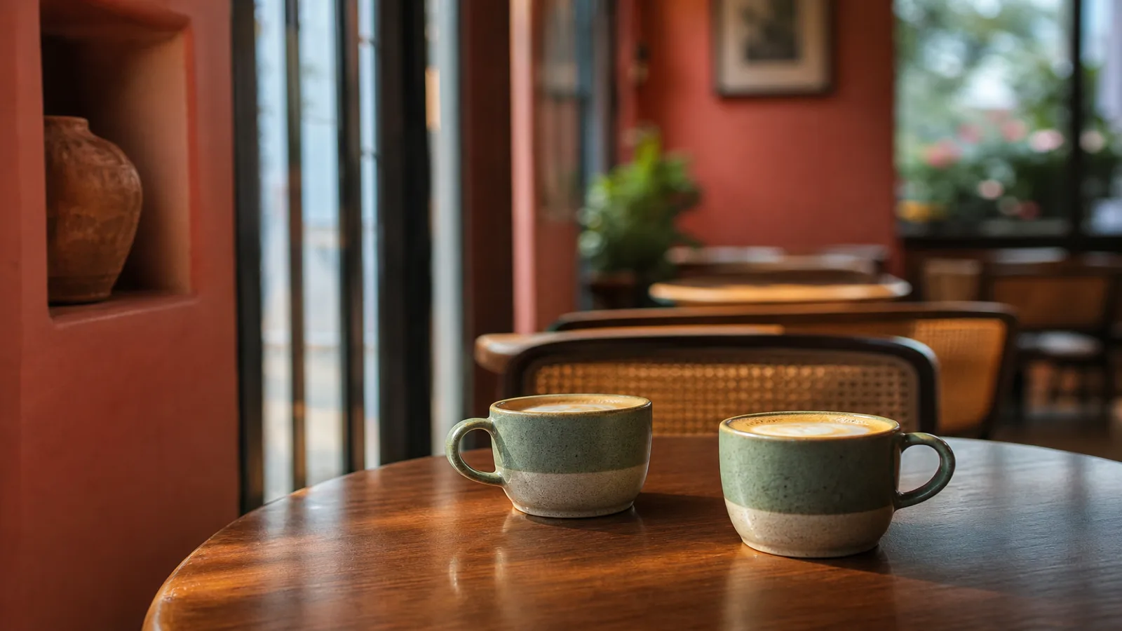 Two coffee cups on a shared café table in soft afternoon light