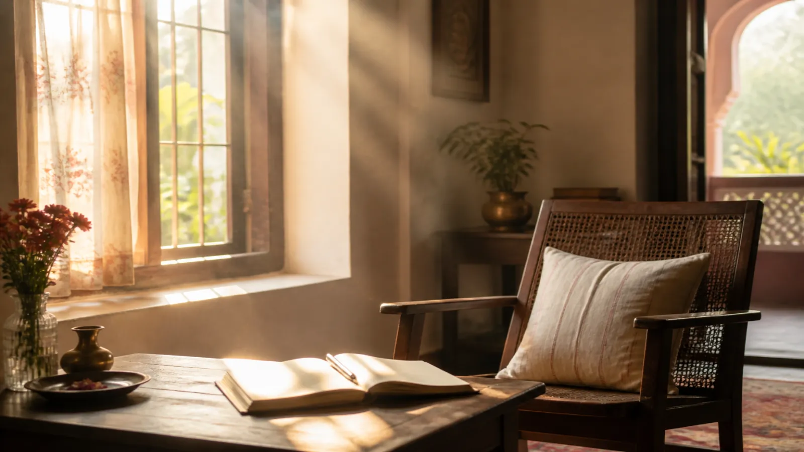 Soft morning light through a tall window over an empty chair and open notebook in a calm Indian room