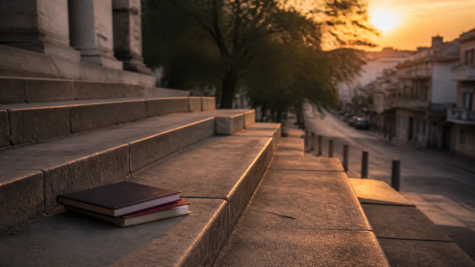 Soft evening light on empty campus steps with notebooks and a quiet Indian street beyond