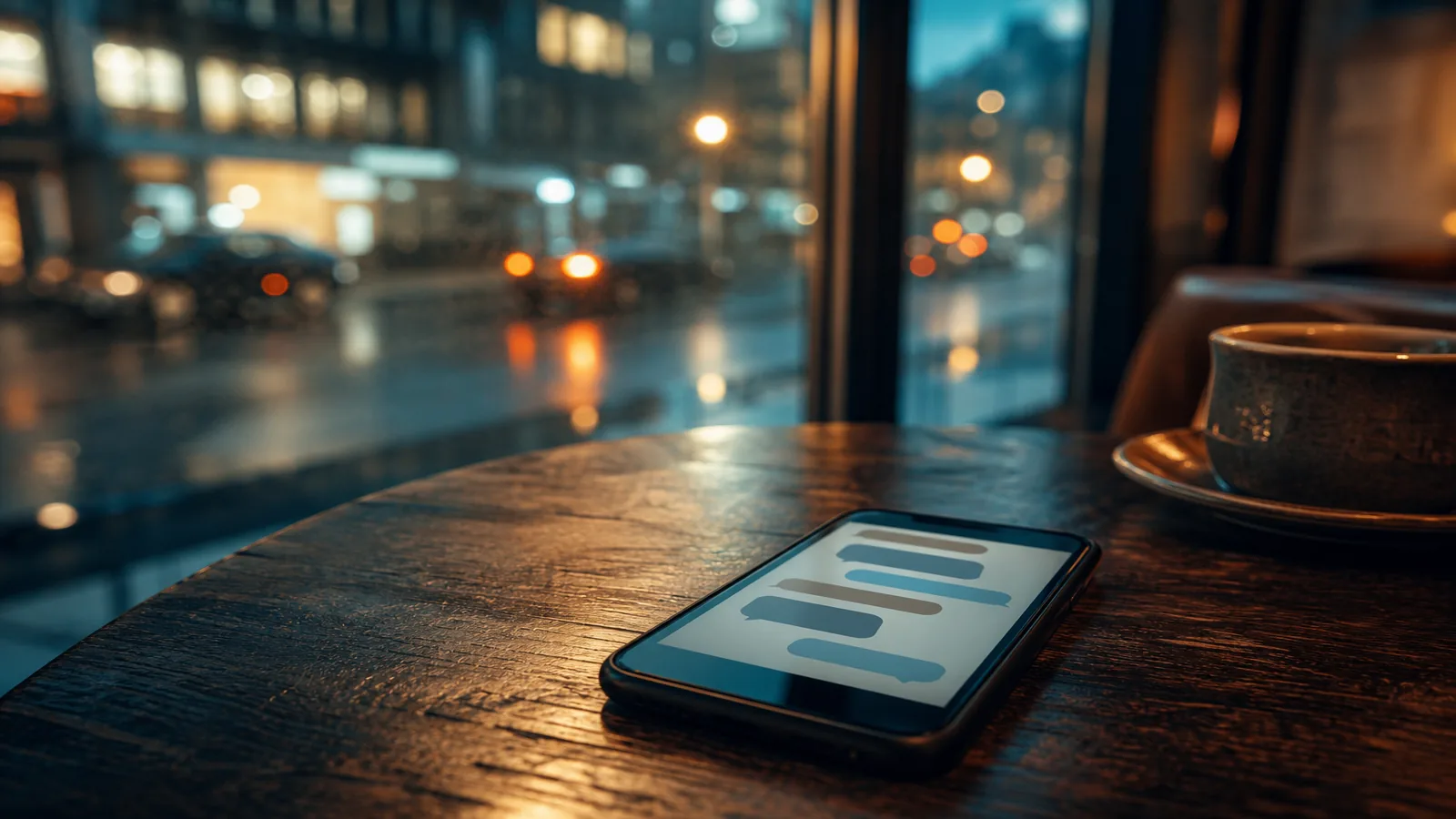 Phone on a café table with a muted chat screen and cool evening city light through a window