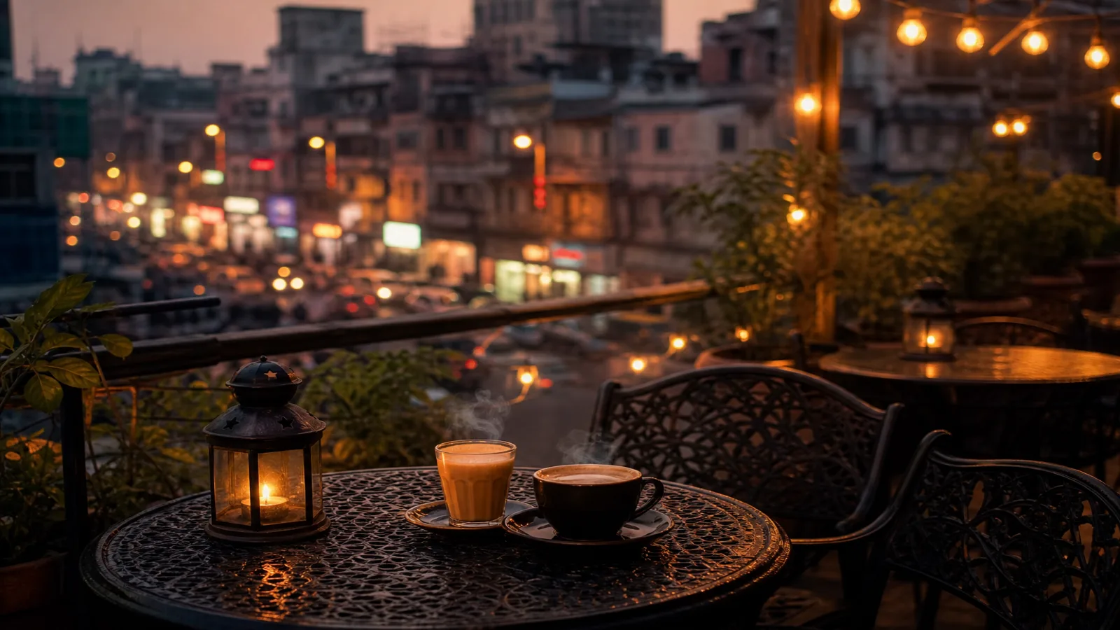 Busy Indian café terrace at evening with empty tables and warm city lights