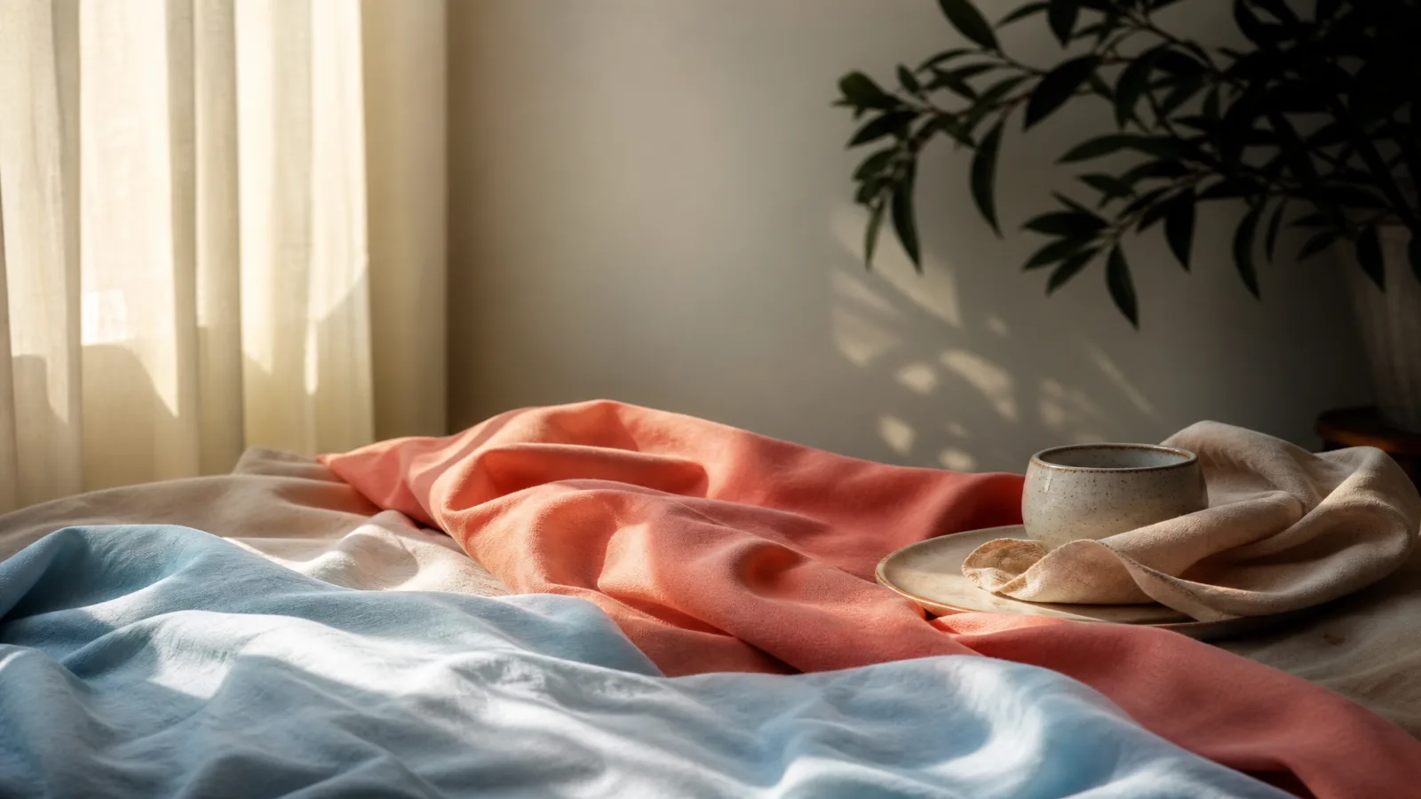 Soft fabric drapes in coral and cream light by a calm window with a plant silhouette