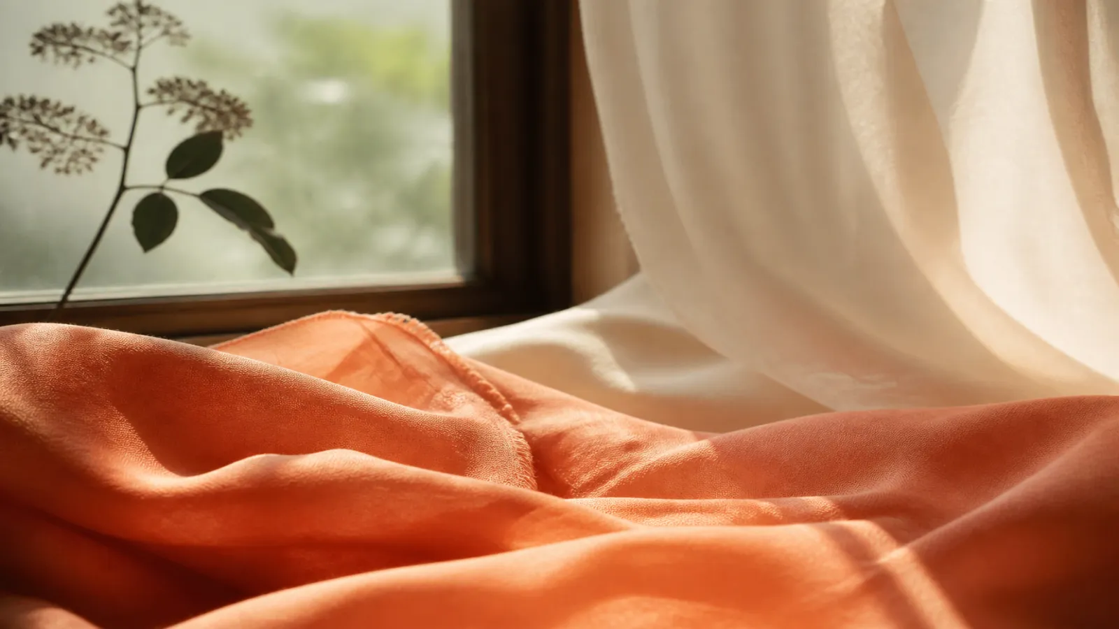 Soft coral and cream fabric folds by a calm window with a small plant silhouette and gentle daylight