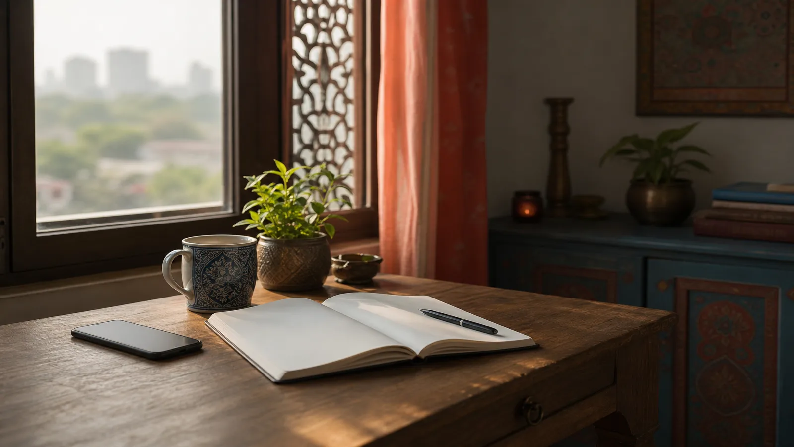 Desk by a sunny window with a phone, open notebook, and pen ready for writing